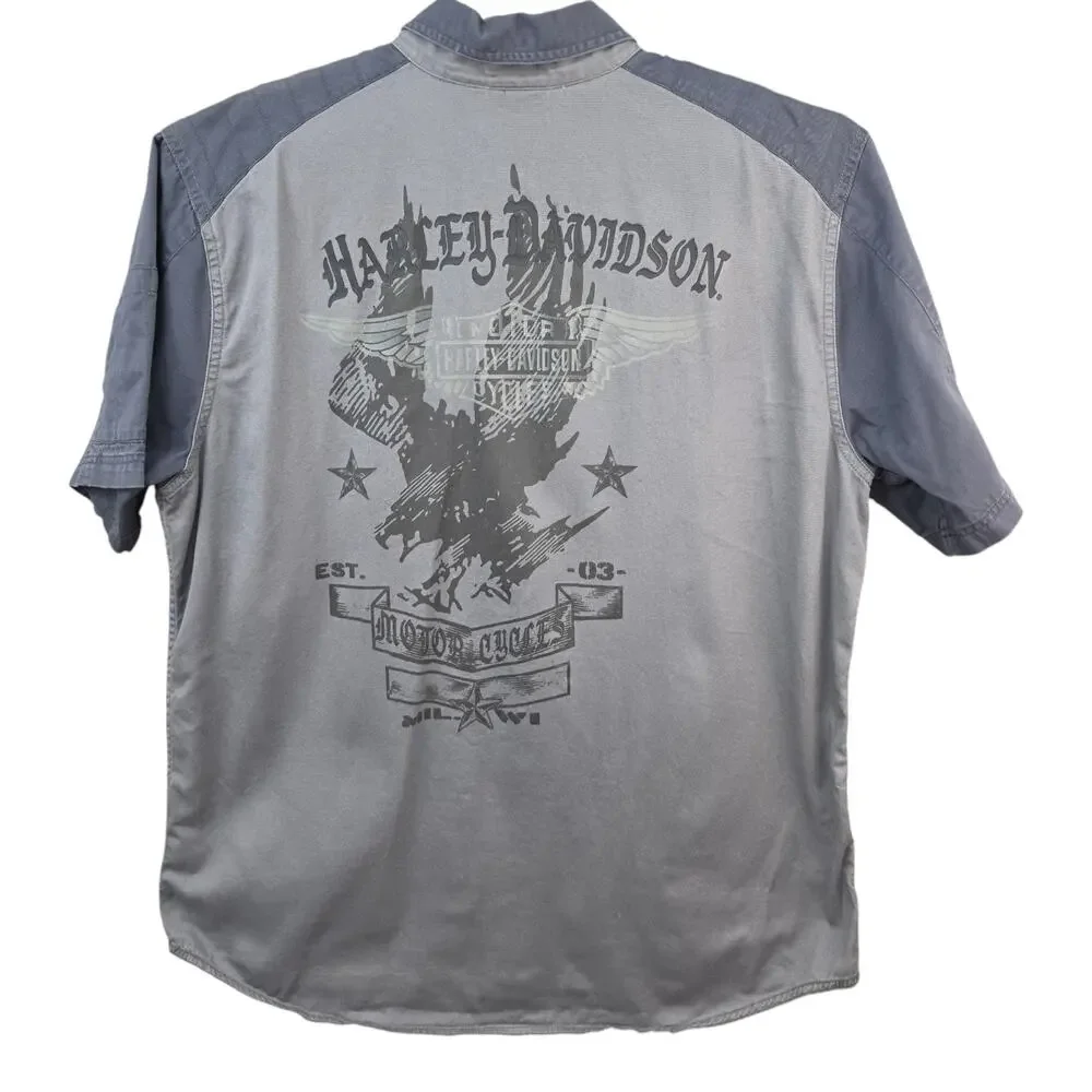 Harley-Davidson XL Gray Button Front Work Shirt Eagle Graphic Short Sleeve Biker
